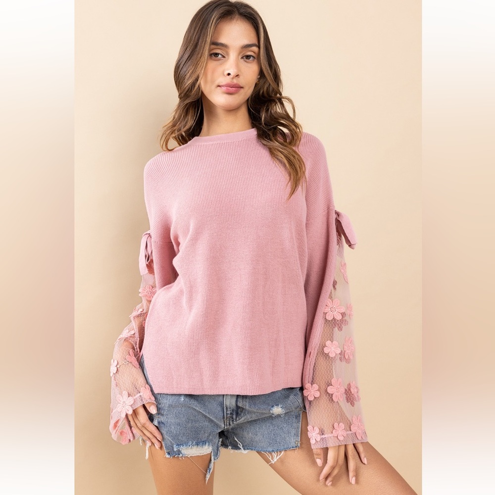 02 Beautiful Flower Detailed Bell Sleeve Knit Sweater Top - Picture 5 of 5